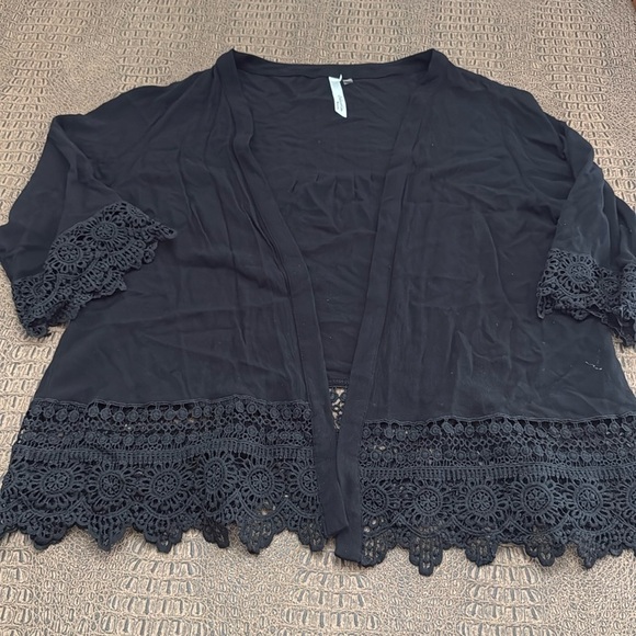 NY Collection Black Open Cardigan – 3/4 Sleeve with Crochet Trim, Size 1X - Picture 2 of 8
